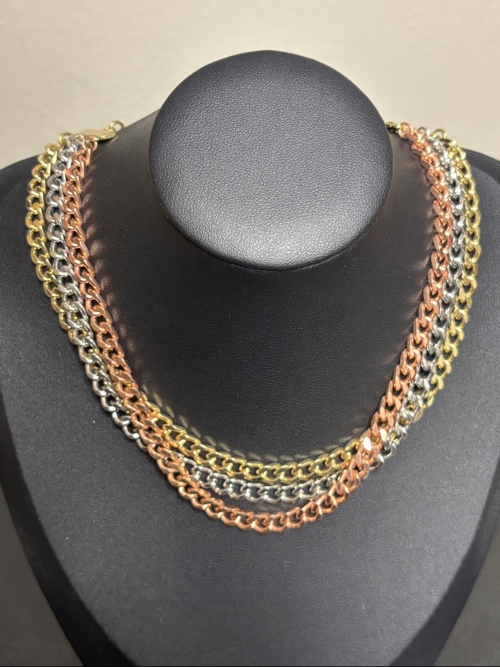 Tri-Color Layered Chain Necklace — Gold, Silver & Rose Gold Choker